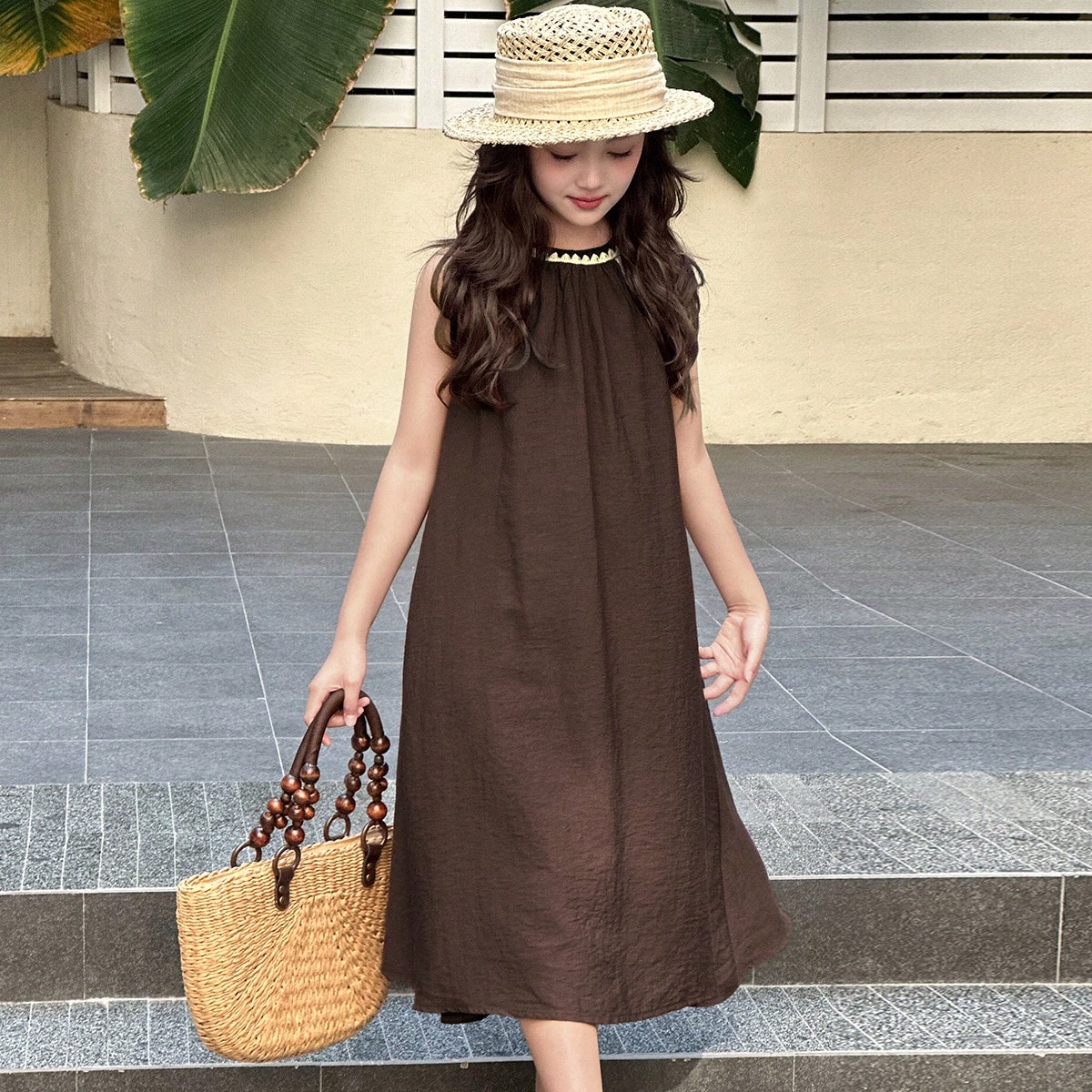 Vestido casual de cuello redondo fruncido con contraste de color para niña preadolescente en vacaciones, sin mangas