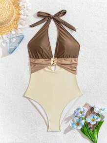 Swim Basics 1 bộ đồ bơi một mảnh cho nữ, thời trang mùa hè mới thanh lịch, thiết kế xếp ly, trang trí hình vuông màu vàng, phong cách cổ điển, cổ chữ V sâu, nhiều màu, thích hợp đi biển, bơi lội, tiệc tùng - Nhiều màu - Xem 7