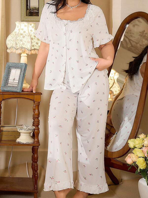 CottageSlumber French Vintage Princess Ditsy Floral Splicing Ruffle Romantic White Lace Trim Super Soft & Comfortable Thin Milk Silk Fabric Plus Size Short Sleeve Pants 2-Piece Set Holidayseason