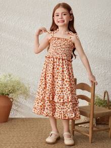Blossori Vestito da sole smanicato con fiori arancioni per ragazze in vacanza in campagna