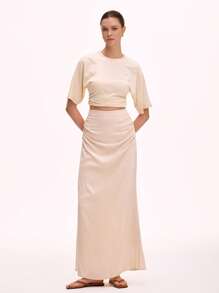 SHEIN Unity 女士纯色百褶修身半身裙，夏季 - 卡其色 - 查看 7