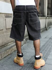 PAVTROS 男士口袋纯色宽松牛仔休闲短裤，夏季 - 深灰色 - 查看 2