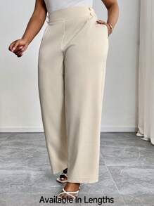 SHEIN PETITE CURVE Plus Size Casual Solid Color Oblique Pocket Pants,Summer Pants - Apricot - View 1
