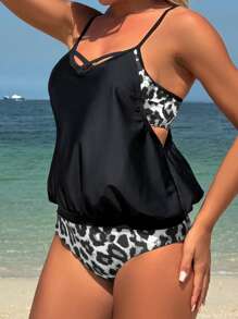 Swim Lushoire Leopard Print Bikini Set With Vest For Beach Vacation, Woman For Summer - Black and White - View 3