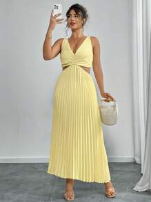 Elenzga Robe plissée dos nu de couleur unie élégante pour grande taille, pour l'été