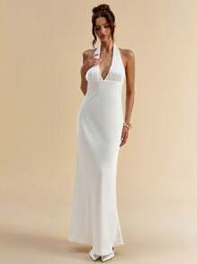 SHEIN BAE 女式夏季纯白色露背珍珠链缀饰优雅长裙/女士夏季服装/毕业礼服/女士白色礼服/舞会礼服/女士婚礼宾客礼服/女士生日礼服 - 白色 - 查看 3