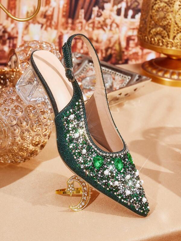 CUCCOO CURVES Women's Fashion Crystal Heel, Glitter Silver Ladies High Heel Peep Toe Slingback Shoes, Suitable For Outings, Banquets, Parties And Other Events