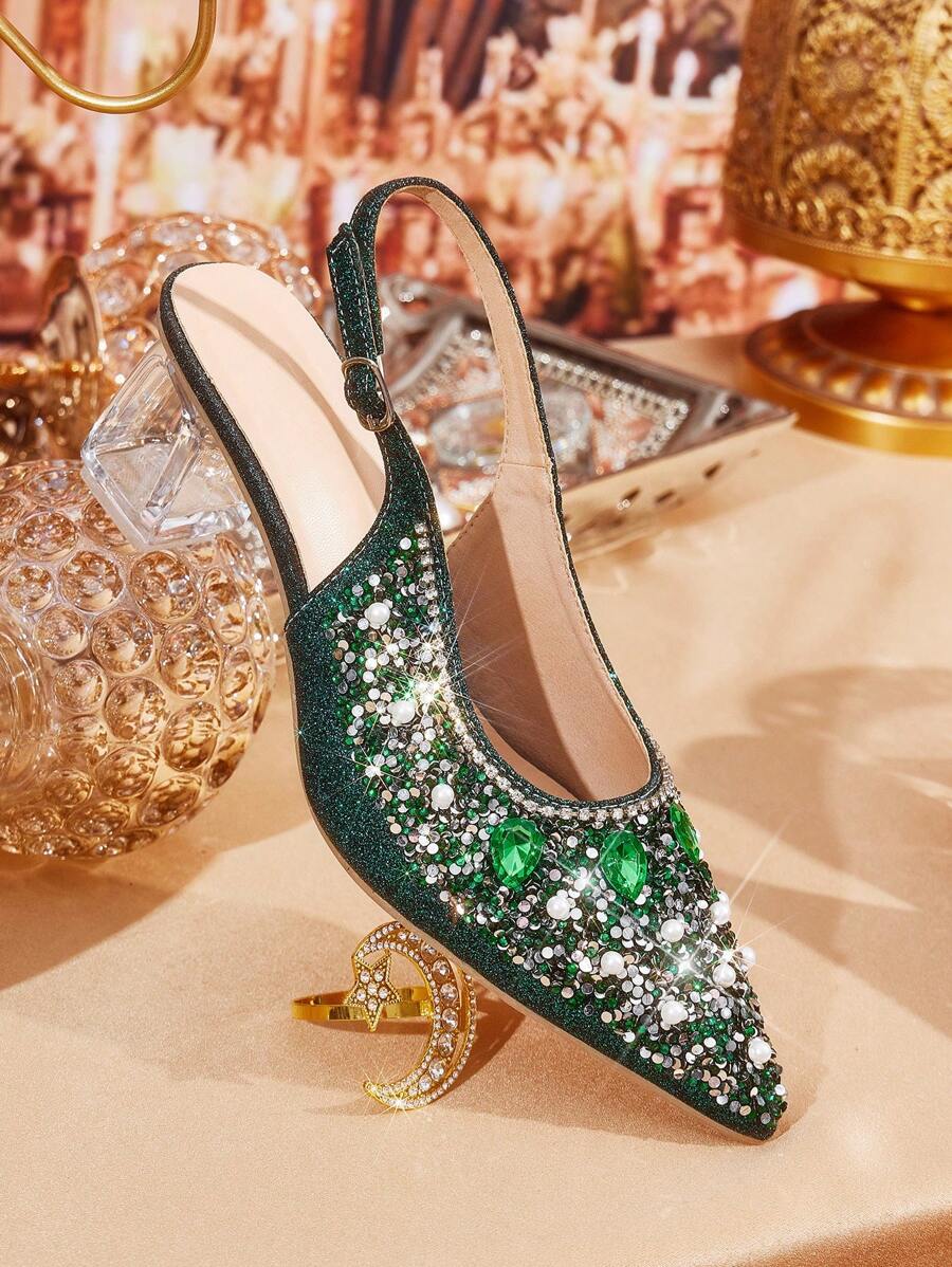 CUCCOO CURVES 女士时尚水晶高跟鞋，闪亮银色女士高跟露趾露跟鞋，适合外出、宴会、聚会和其他活动