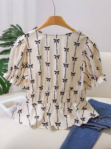 CosyJoli Plus Size Women's Summer Bow Print Front Tie Short Puff Sleeve Shirt