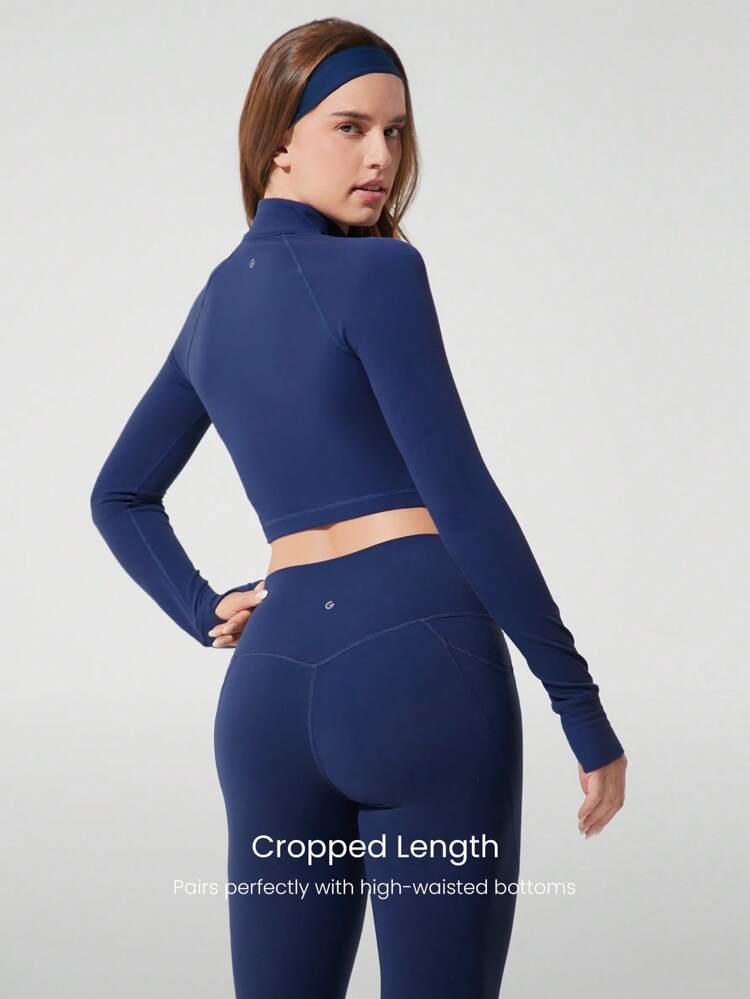 FeatherFit™ Studio Stamina Swea - Wicking Slim Fit Długi rękaw Otwory na kciuki Skrócona kurtka Active z zamkiem błyskawicznym Low Impact Yoga Pilates Studio Codzienny strój codzienny