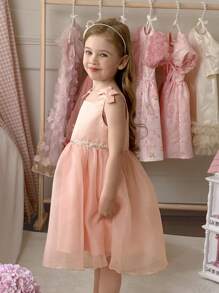 SHEIN Vestido sin mangas elegante y con decoración de lazos rosados para niñas jóvenes