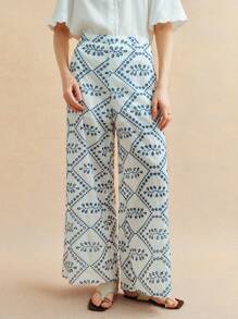 Écloséra Pantalones anchos y sueltos de algodón de estilo casual para mujer con estampado todo en uno de bordado de Madeira, ideal para el verano - Azul - Ver 3