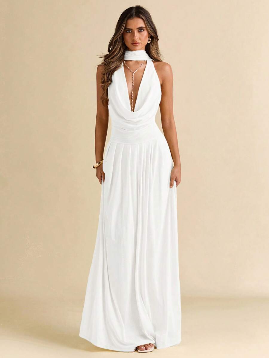 SHEIN BAE Đầm Maxi Đi Biển Gợi Cảm Cổ Chữ V Sâu Hở Lưng Viền Xếp Ly Lưới Màu Trơn Cho Nữ - trắng - Xem 1