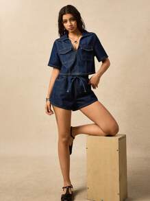 SHEIN EZwear Damen Große Größen Set aus Kurzarm Jeanshemd mit Knopfleiste und Cargo-Tasche und Denim Shorts, Lässig 2-Teiliges Set - Blau - Übersicht 6