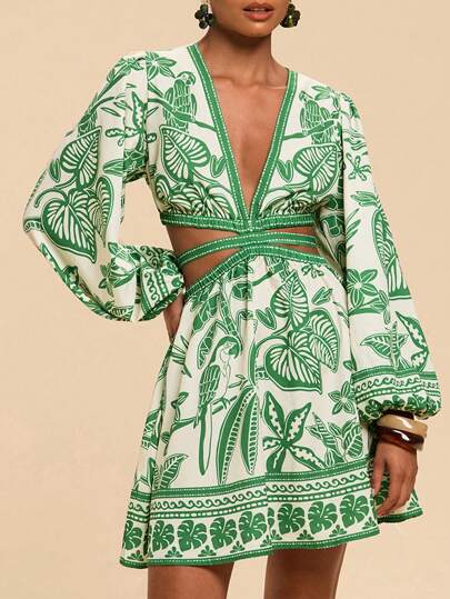 Travachic Woven Print Long Sleeve Cutout Back V-Neck Women Mini Dress,Summer Outfits For Women,Beachwear,Easter,Beach Outfits For Woman,Spring Break,Vacation Outfits Women,Concert Outfit Women,BOHO,Bohemia,Music Festival,Tropical Vacation Woman Clothes,4th Of July Outfits,Holiday Outfits Sage Green Dress