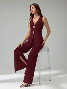 SHEIN Tall 2pcs/Set Women Casual Sleeveless Open Front Vest And Pants Set - Burgundy - View 7