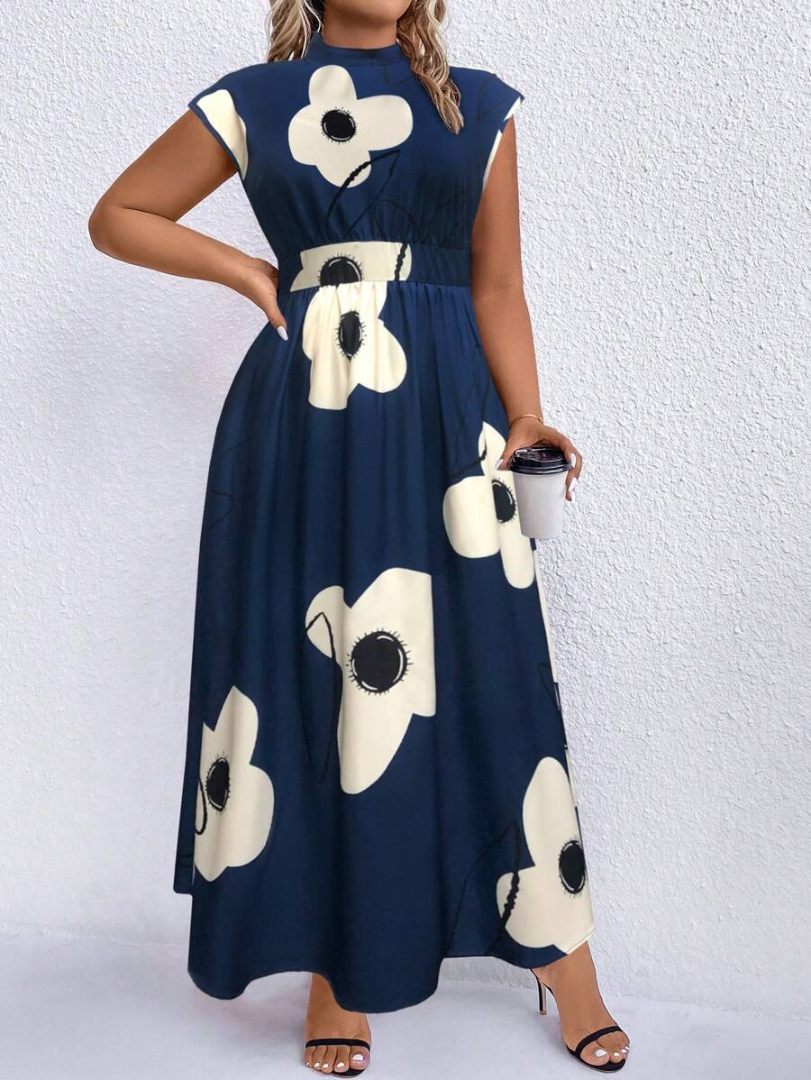 SHEIN Clasi Plus Polka Dot Print Mock Neck Dress Maxi Women Outfit - Multicolor - View 1