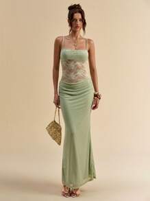 SHEIN BAE 女士夏季绿色细肩带蕾丝透视美人鱼紧身连衣裙/女士连衣裙/女士夏季服装/度假服装女士婚礼活动派对礼服 - 綠色 - 查看 4