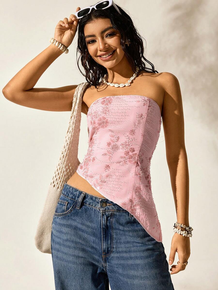 Easelle Áo thun mùa hè màu hồng lưới thêu sequin ngoài trời - Hồng - Xem 1