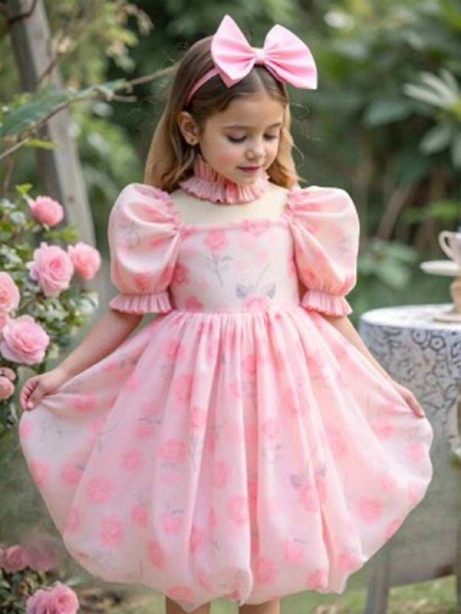 Girls' Elegant Rose Printed Organza Princess Dress With Puff Sleeve, Ruffle Hem And Waist Decoration, Cute Sweet Bubble Dress Suitable For Holidays, Parties, Birthdays, Summer - Pink - View 1