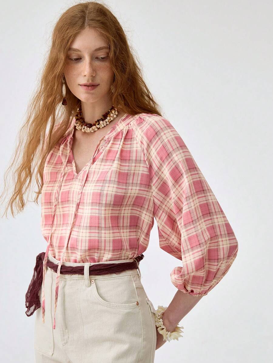 Florisole 女式夏季红棕色格子时尚优雅衬衫