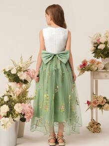 Tween Girls Sleeveless Round Neck Embroidered Floral Jacquard Mesh Princess Dress, Elegant Wedding Flower Girl Bridesmaid Party Gown - White - View 2