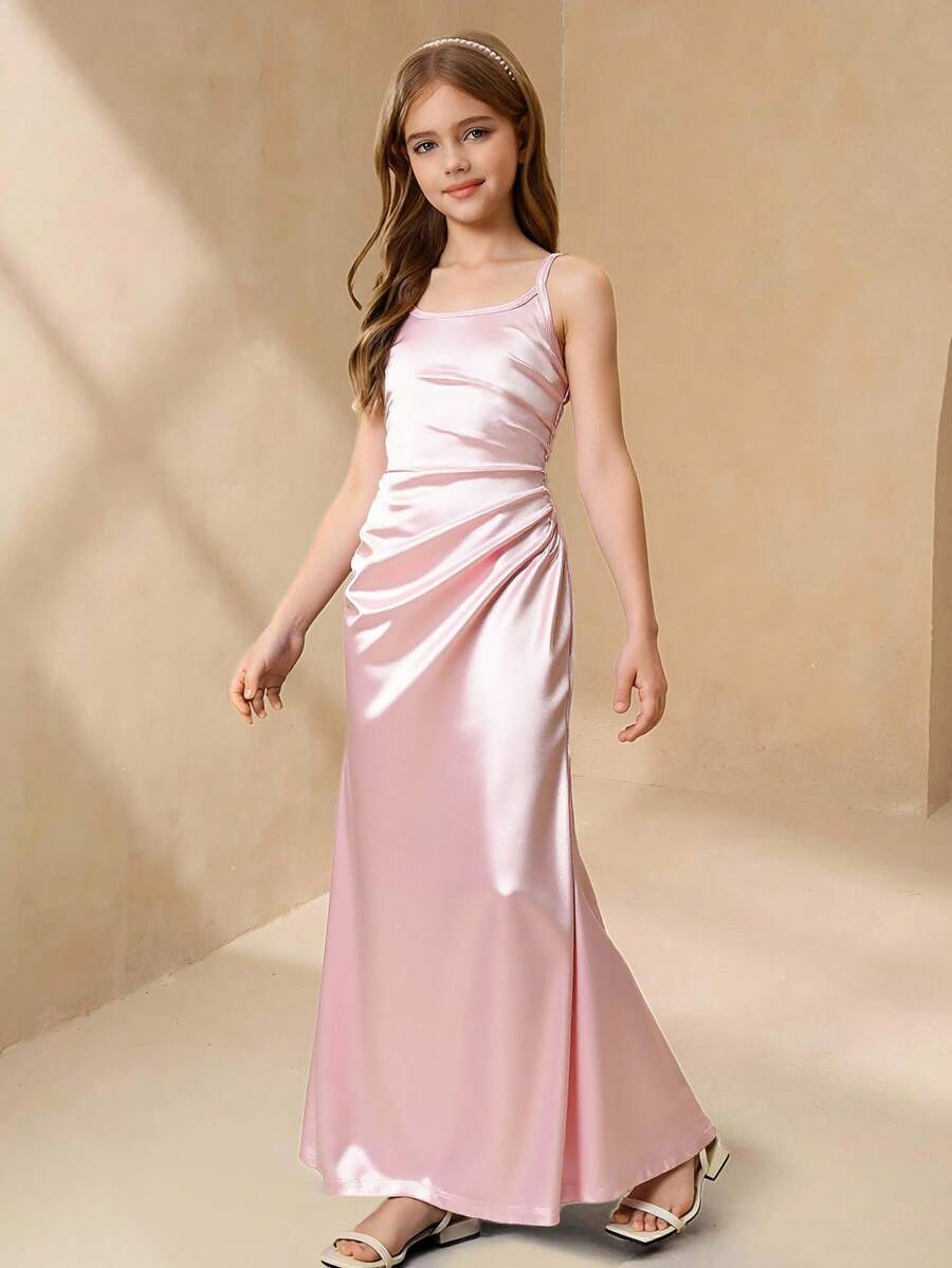 Girls' Simple Elegant Fashion Sleeveless High Waist Fitted Solid Satin Shiny Dress, Suitable For Flower Girl Wedding, Pink - Pink - View 1