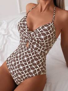 SHEIN Swim Women's Floral Print Halter Tie Monokini Swimsuit, For Vacation For Summer