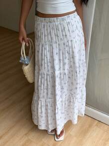 SHEIN EZwear Women Floral Print Elastic Waist Ruffled Hem A-Line Skirt