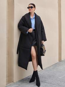 CLARA VERO Manteau long rembourré noir avec col châle, ceinture à la taille, poches, pour se réchauffer en hiver