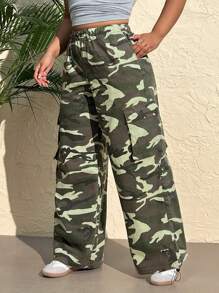 SHEIN EZwear Quần Jeans Cargo In Họa Tiết Rằn Ri Có Dây Rút Cạp Cỡ Lớn Cho Nữ - Màu xanh lam - Xem 3