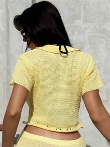 Swim SXY 黄色镂空针织披肩领纽扣女式休闲度假沙滩和服夏季上衣 - 黃色 - 查看 2