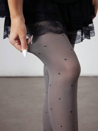 Kawaii 1 Pair Gothic Black Polka Dot & Charcoal Velvet Pantyhose, Halloween
