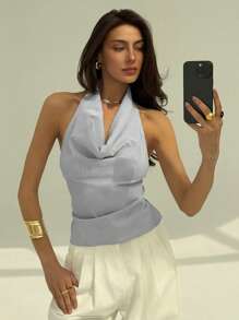 Aloruh 条纹深垂领露背系带时尚性感别致女式衬衫 - 黑與白 - 查看 7