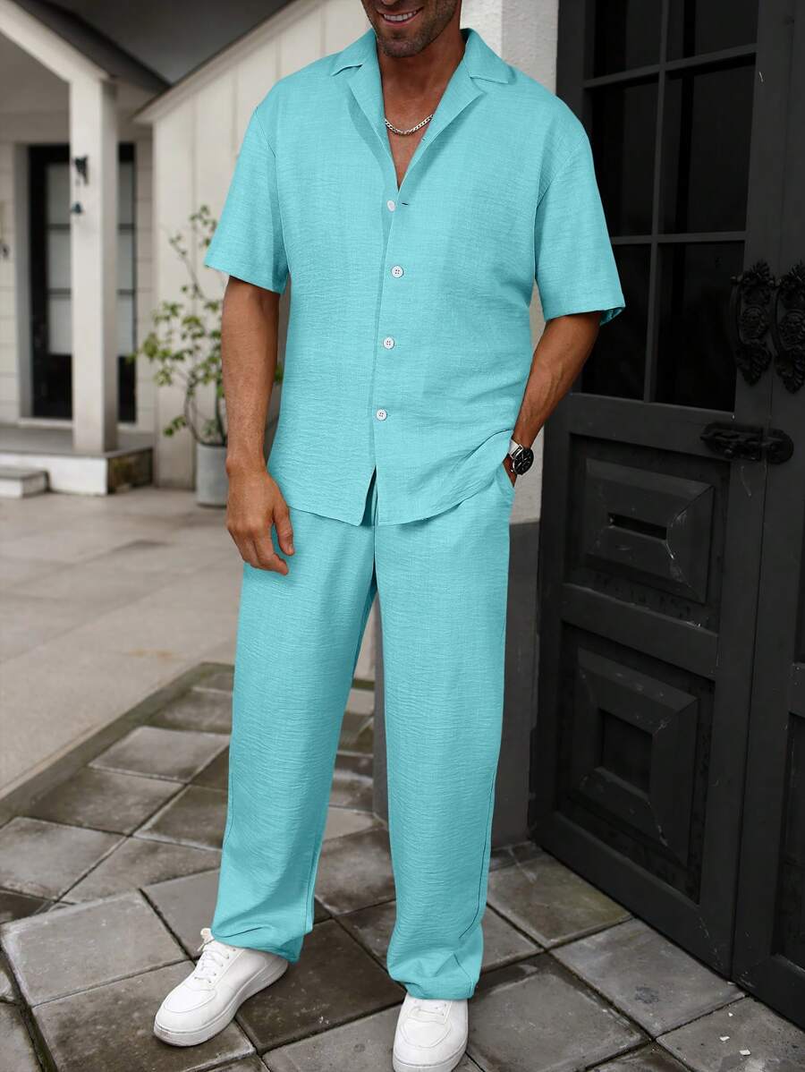 Manfinity Homme 男式纯色纽扣短袖衬衫和长裤两件套服装 - 藍色 - 查看 1