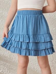 Blossori Young Girls' Country Style Blue Multilayer Ruffle Hem Midi Skirt - Blue - View 1