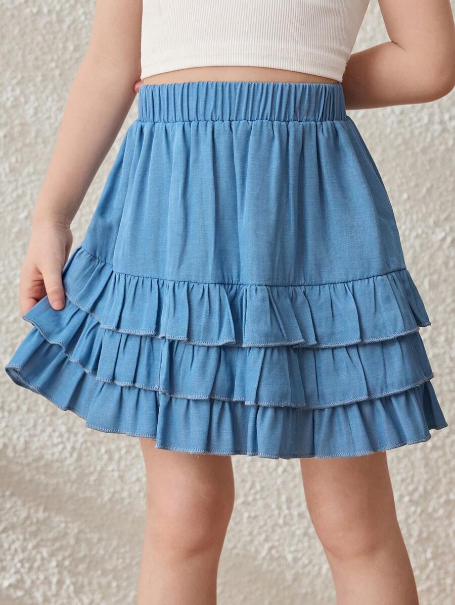Blossori Young Girls' Country Style Blue Multilayer Ruffle Hem Midi Skirt - Blue - View 1