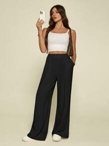 SHEIN Tall 净色斜口袋亚麻阔腿裤 - 黑色 - 查看 3