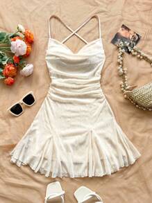 Soleia 女士细肩带露背系带蝴蝶结迷你连衣裙，度假裙，透明，浪漫，约会，沙滩装，青春洋溢 - 米色 - 查看 3