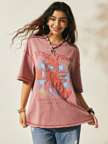 Easelle Áo thun cotton cổ tròn thêu họa tiết tôm hùm dễ thương phong cách Boho thường ngày màu hồng, thời trang mùa hè cho nữ, đồ đi biển - Hồng - Xem 1