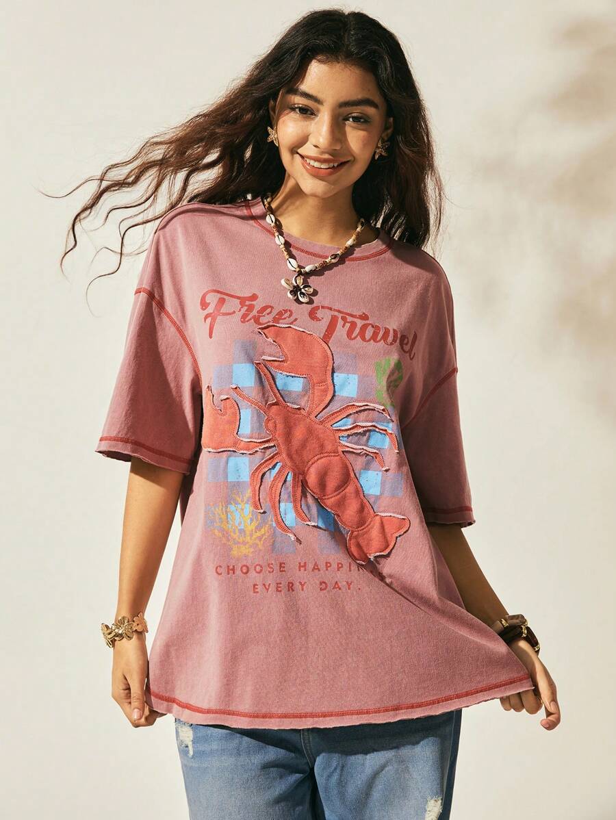 Easelle Áo thun cotton cổ tròn thêu họa tiết tôm hùm dễ thương phong cách Boho thường ngày màu hồng, thời trang mùa hè cho nữ, đồ đi biển - Hồng - Xem 1