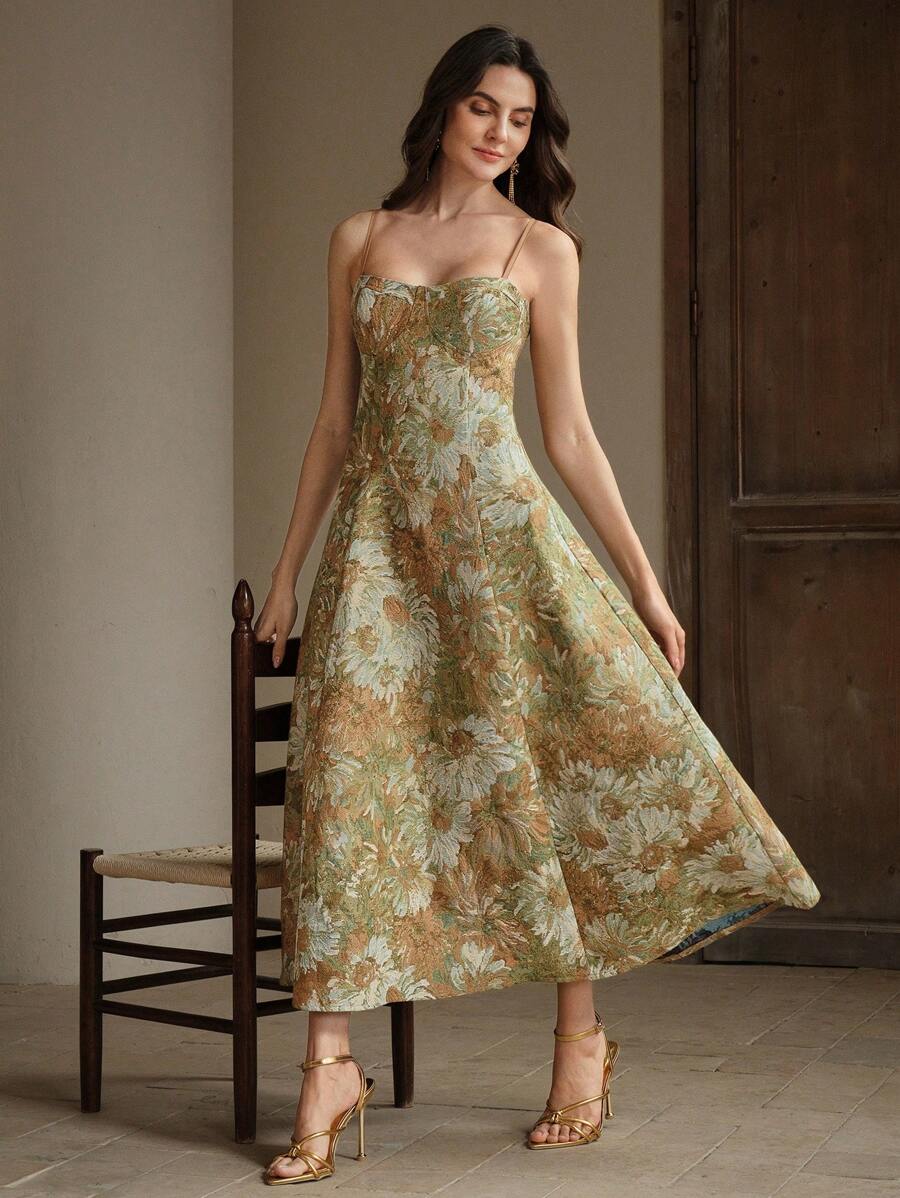 Anewsta Women's A-Line Painting Style Spaghetti Strap Party Dress, New Arrival - Coffee - View 1