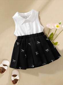 SHEIN Baby Girls Summer Korean Version Casual Cute Collared White Knit Top And Black Woven Printed Pleated Skirt Set - Black and White - View 8