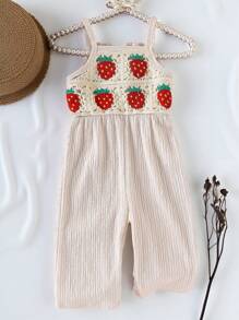 SHEIN Vintaside Kids Monos de verano para niñas, petos con estampado lindo, estilo europeo y americano de corte holgado, para bebé - Albaricoque - Ver 3