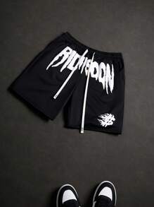 PAVTROS Men's Youthful Street Style INS High Street Creative Letter Printed Black Shorts, Gift For Boyfriends Or Husbands, Graphic - Black - View 7