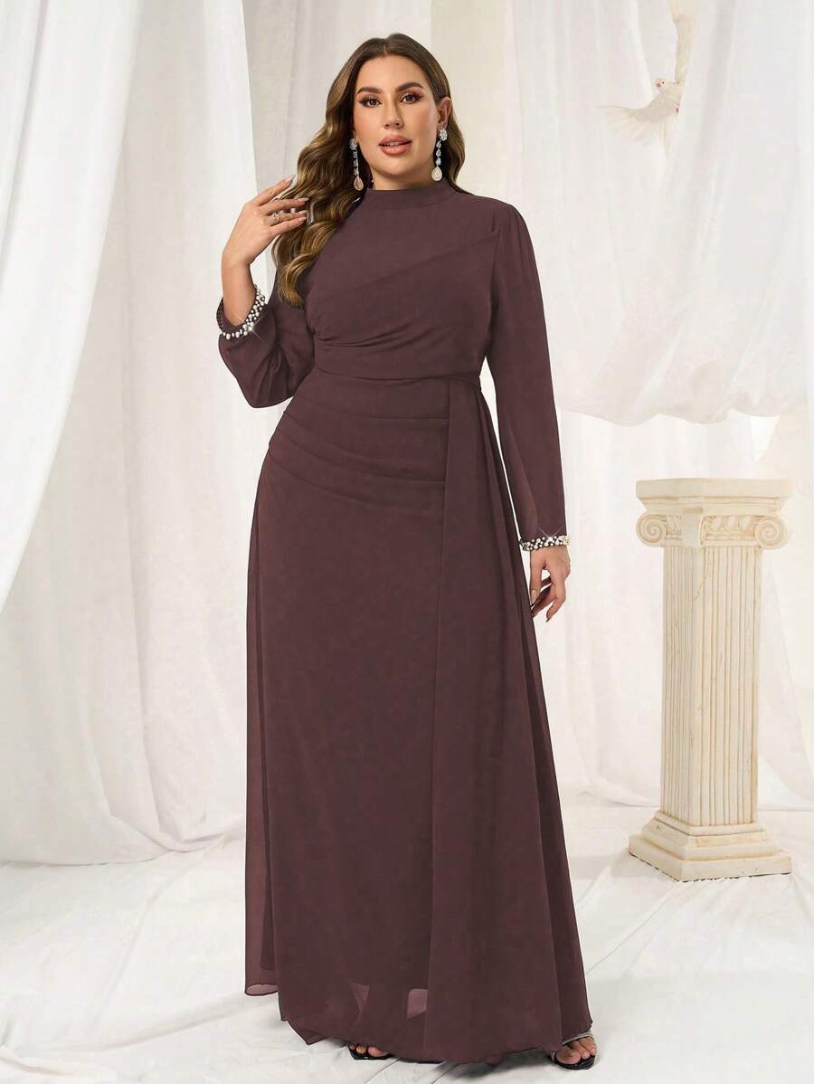 Coutiva Vestido de noche de lujo para tallas grandes, elegante vestido de bola ceñido de alta gama con mangas de lentejuelas y perlas