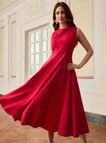 ZEYLAH Vestido elegante sin mangas asimétrico con volantes - Rojo - Ver 4