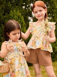 Blossori Young Girls' Vacation Floral Print Ruffle Sleeve Top And Shorts 2-Piece Set - Multicolor - View 1
