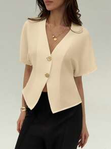 Aloruh Áo sơ mi trơn tối giản, tay cánh dơi, cài nút đôi, thanh lịch - Màu be - Xem 3