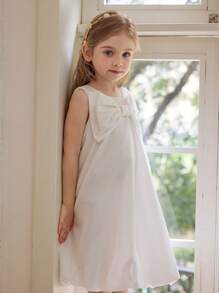 SHEIN Vestido sin mangas con volantes en el bajo y decoración de moño elegante en beige para niñas jóvenes - Blanco - Ver 3